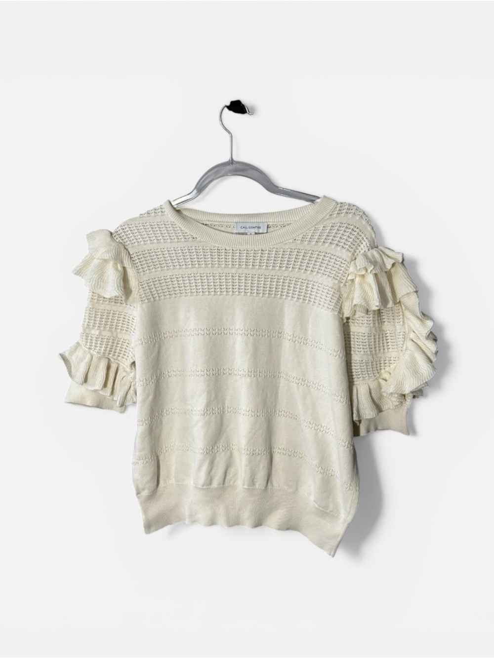 Anthropologie Calligraphie Ruffle Sleeve Pointelle Sweater Cottagecore Sz XL